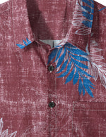 Chemise Aloha Vintage à manches courtes avec poche bordeaux et feuilles de plantes tropicales pour hommes