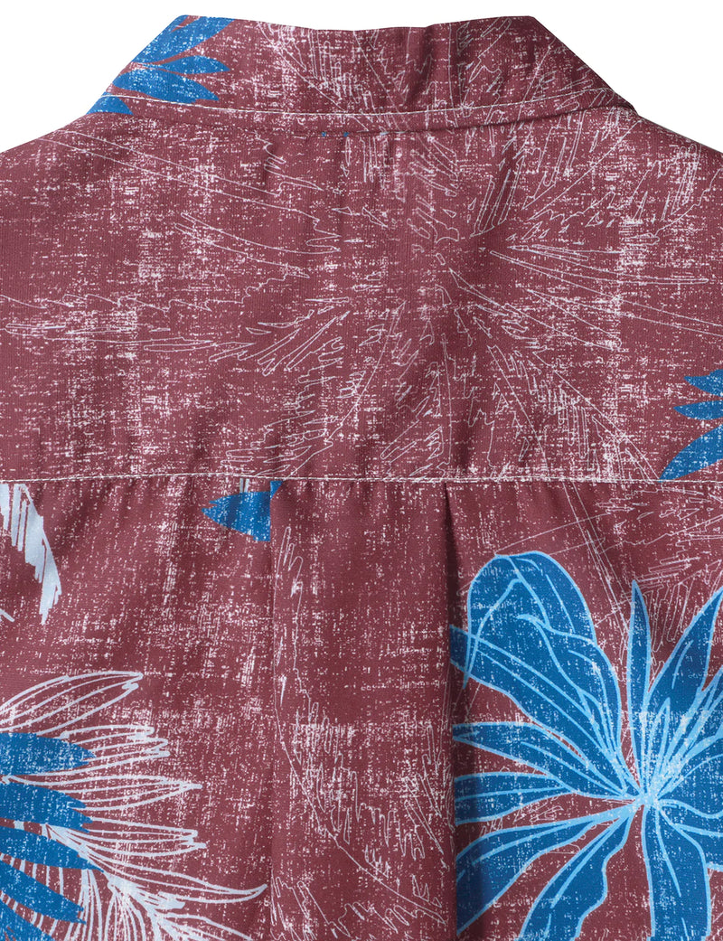Chemise Aloha Vintage à manches courtes avec poche bordeaux et feuilles de plantes tropicales pour hommes
