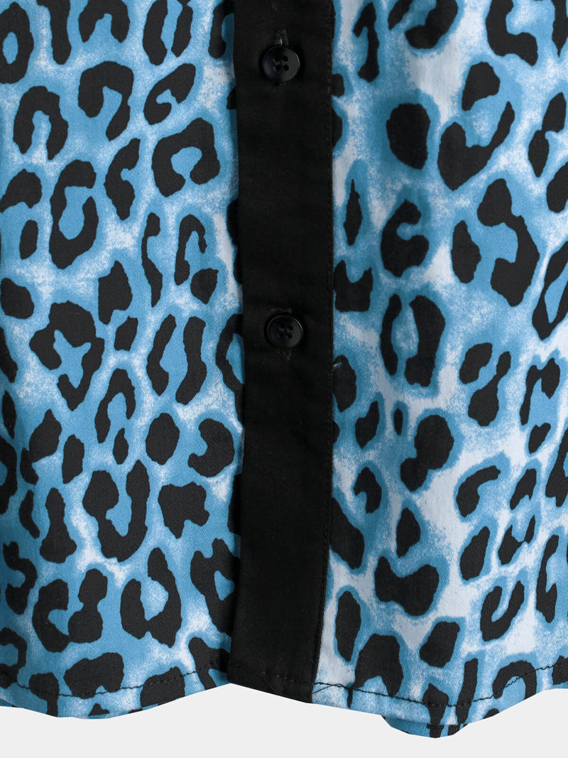 Homme Leopard Print Boling Casual Button Up Short Sleeve Hawaiian Summer Shirt