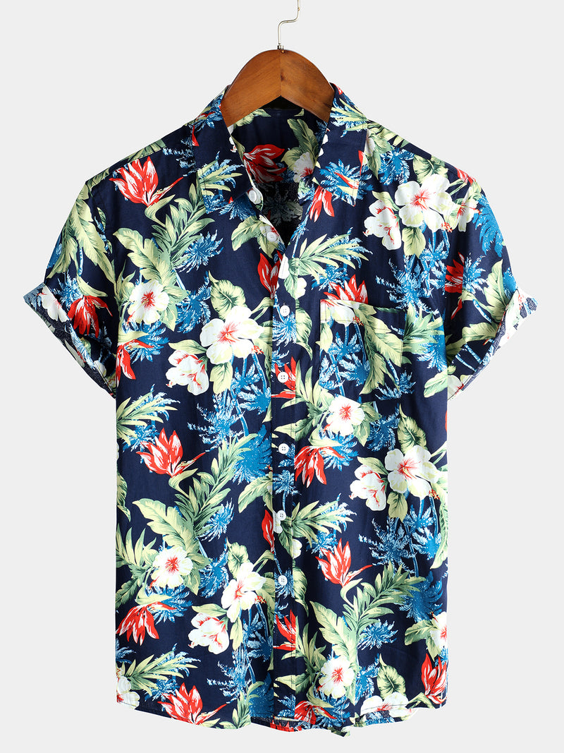 chemise d'homme en pur coton à imprimé style de vacances hawaïennes