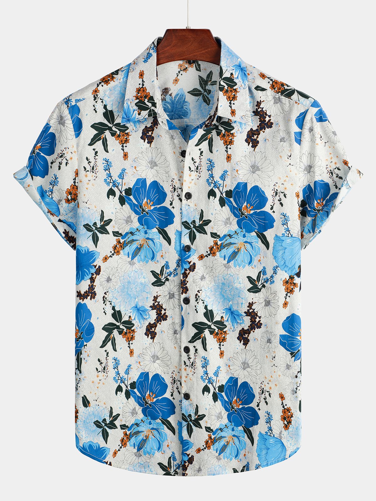 Chemise Hawaïenne Tropicale Homme Bleue En Coton Imprimé Floral