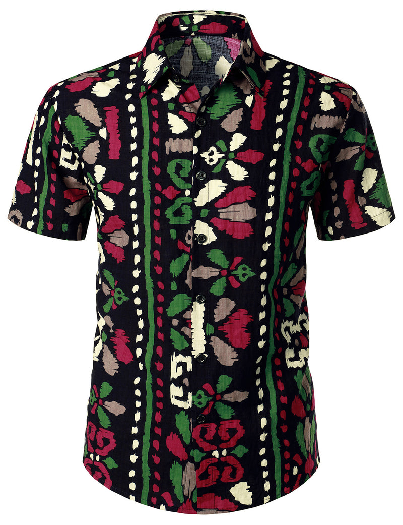 Chemise noire bohème à manches courtes d'été à imprimé floral tribal rétro pour hommes