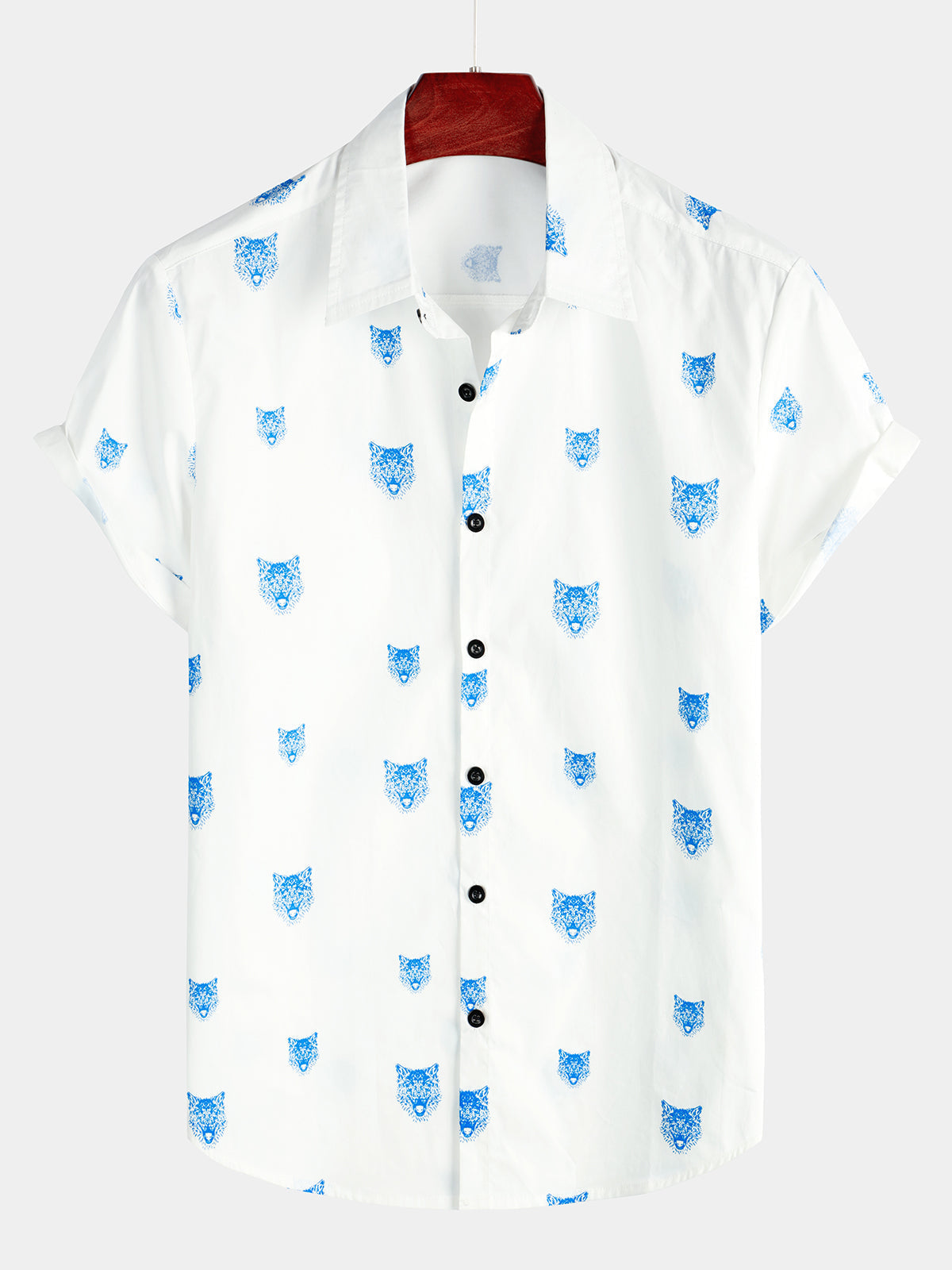 Chemise à manches courtes blanche à revers décontracté pour hommes avec imprimé animal loup