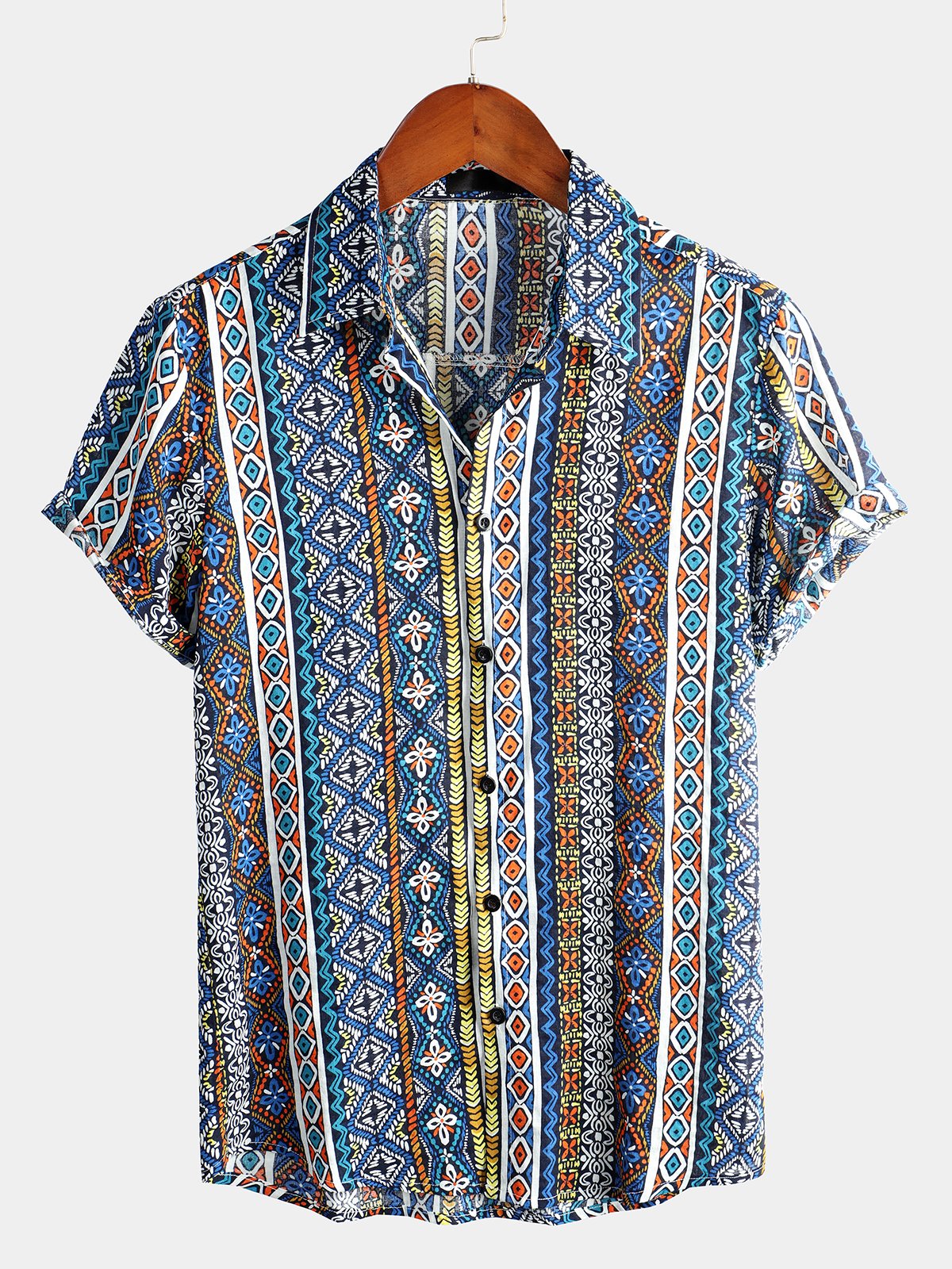 Chemise en coton à manches courtes imprimée patchwork pour homme