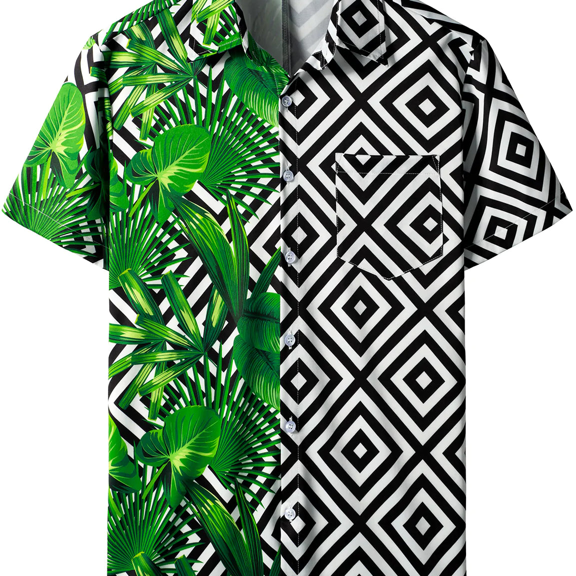 Chemise hawaïenne à manches courtes à imprimé géométrique de feuilles tropicales vertes pour hommes