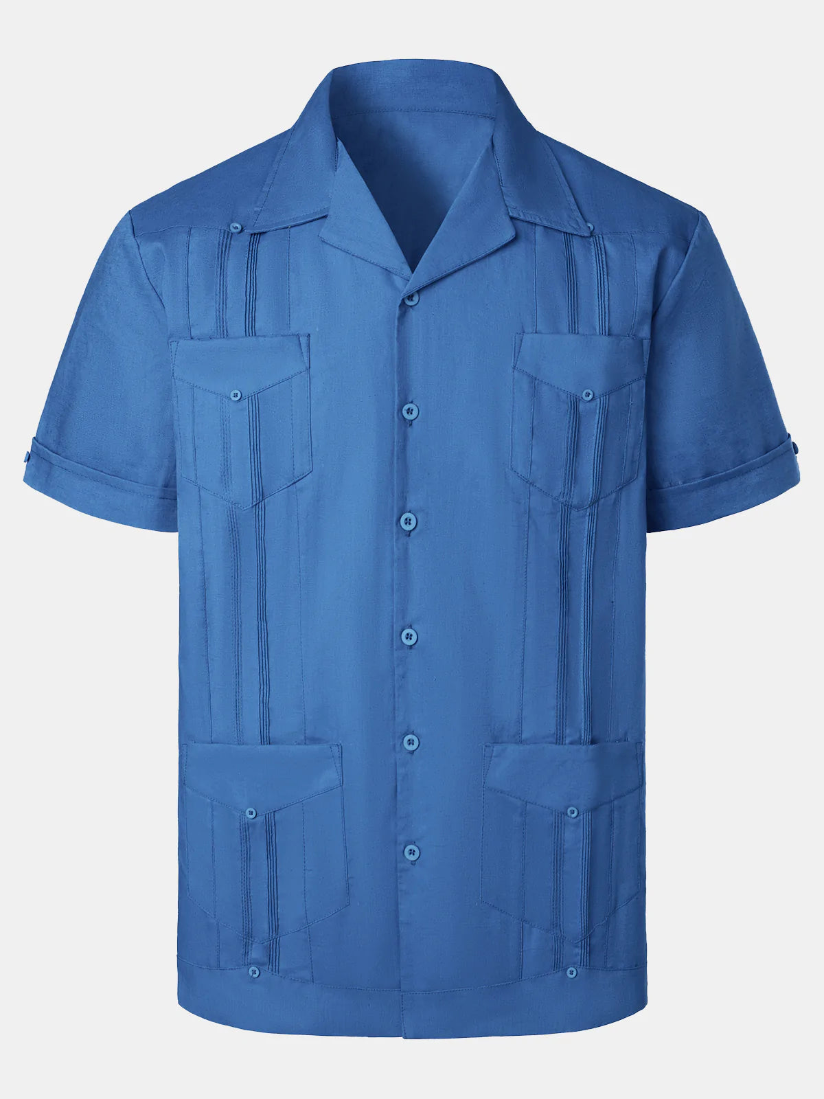 Chemise décontractée à manches courtes pour homme avec poche en lin cubain Guayabera Summer Camp