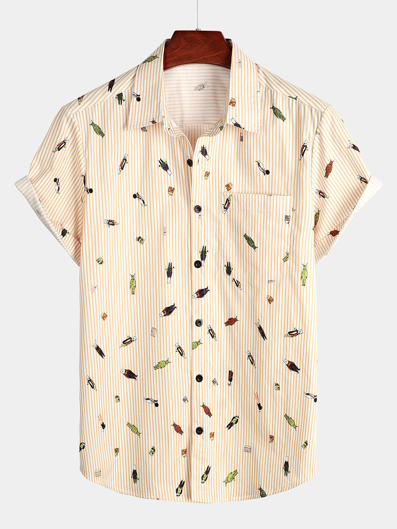 Chemise décontractée à rayures en coton à poche à fleurs pour hommes