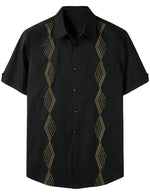 Chemise de plage noire à col cubain brodé en coton pour hommes Guayabera géométrique à manches courtes avec poche boutonnée