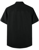 Chemise de plage noire à col cubain brodé en coton pour hommes Guayabera géométrique à manches courtes avec poche boutonnée