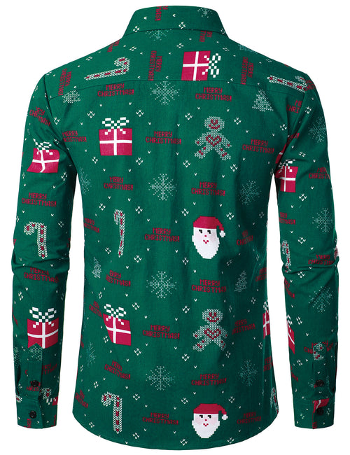 Chemise à manches longues verte avec bouton de fête de flocon de neige de Noël pour homme