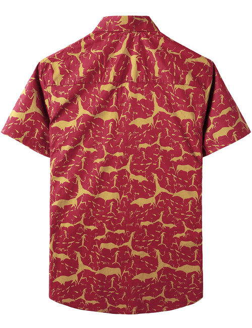 Chemise à manches courtes boutonnée en coton vintage à imprimé animal rouge pour homme