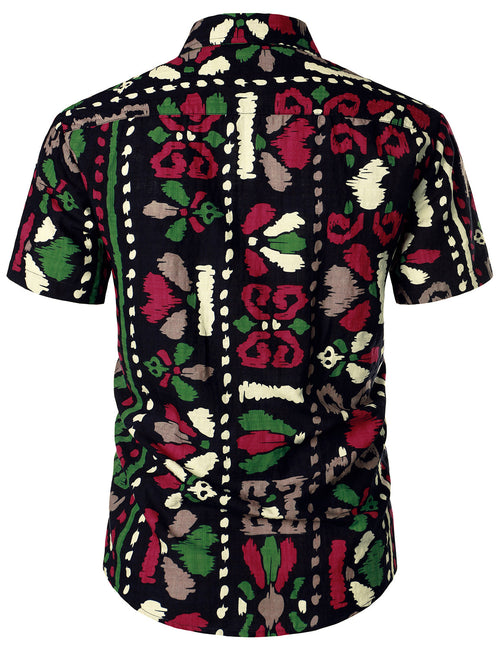 Chemise noire bohème à manches courtes d'été à imprimé floral tribal rétro pour hommes