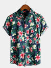 Chemise à manches courtes bleue en coton à imprimé floral tropical pour hommes