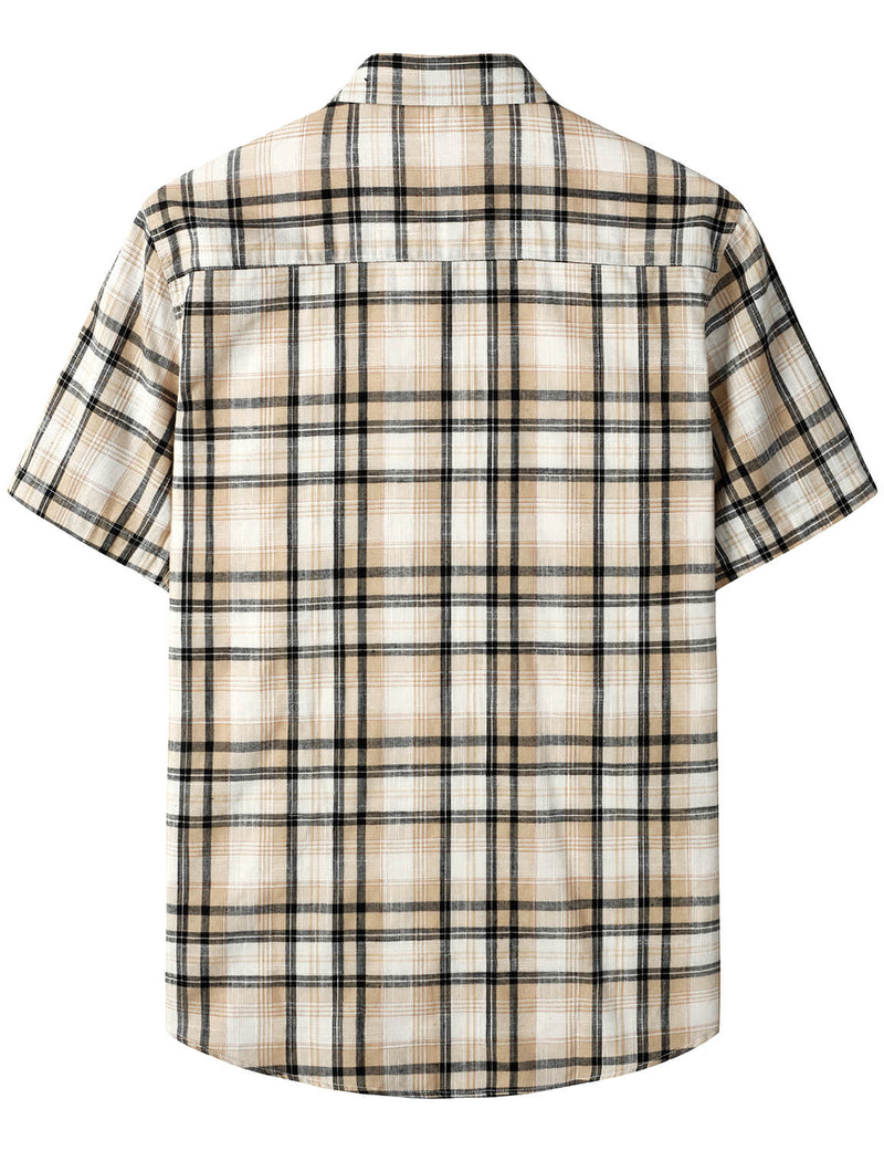 Hommes décontracté Khaki Lin Plaid Pocket Vintage Cowboy Check Manches Courtes Bouton Up Western Shirt
