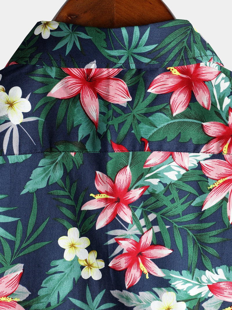 Chemise à manches courtes bleue en coton à imprimé floral tropical pour hommes