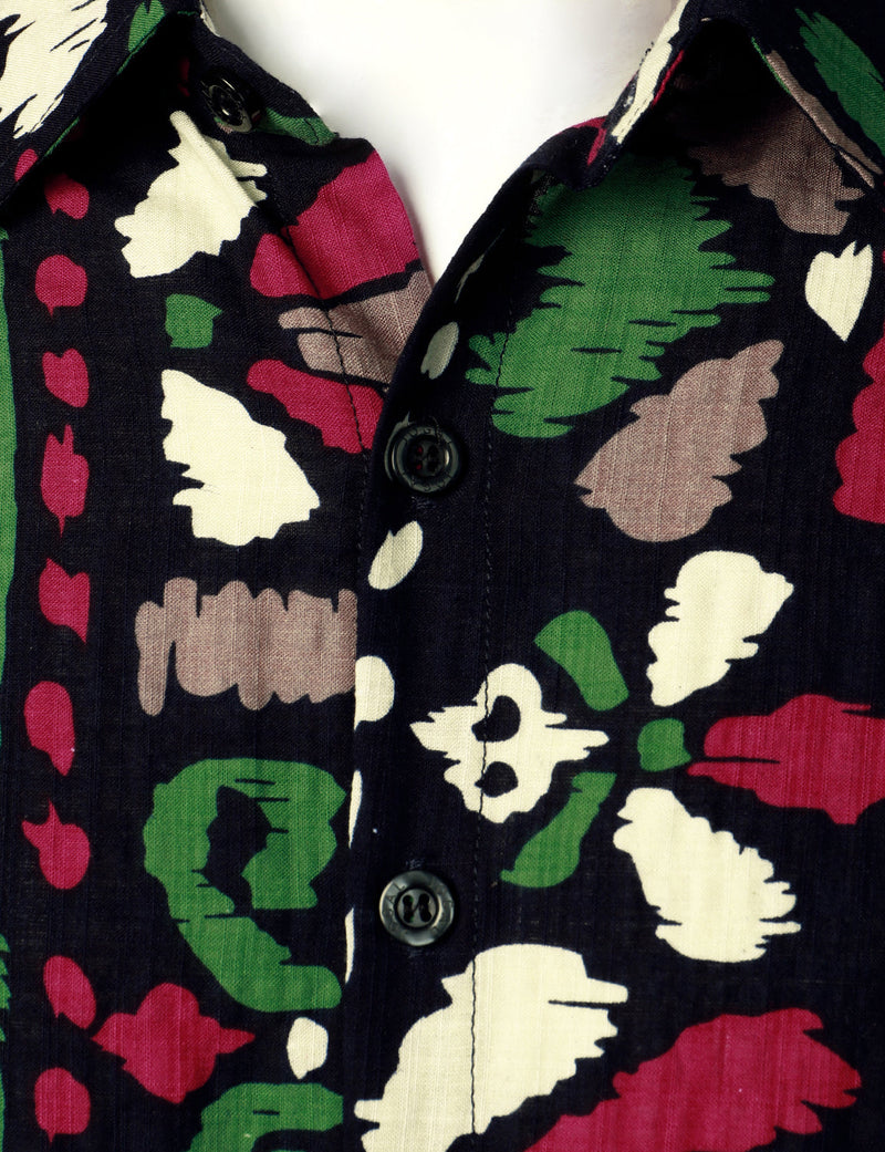 Chemise noire bohème à manches courtes d'été à imprimé floral tribal rétro pour hommes