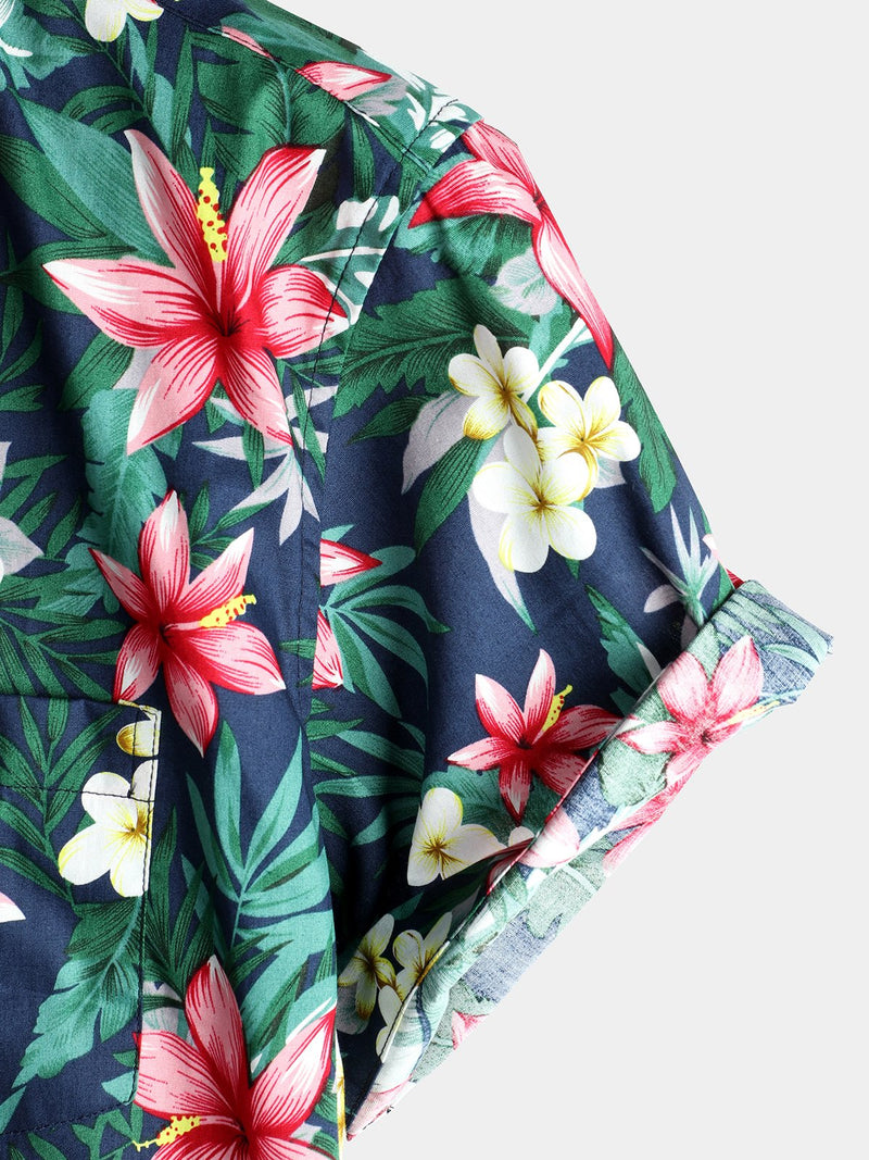 Chemise à manches courtes bleue en coton à imprimé floral tropical pour hommes
