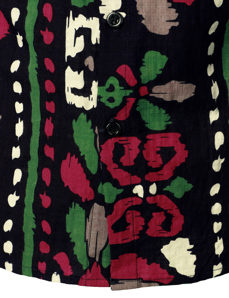 Chemise noire bohème à manches courtes d'été à imprimé floral tribal rétro pour hommes
