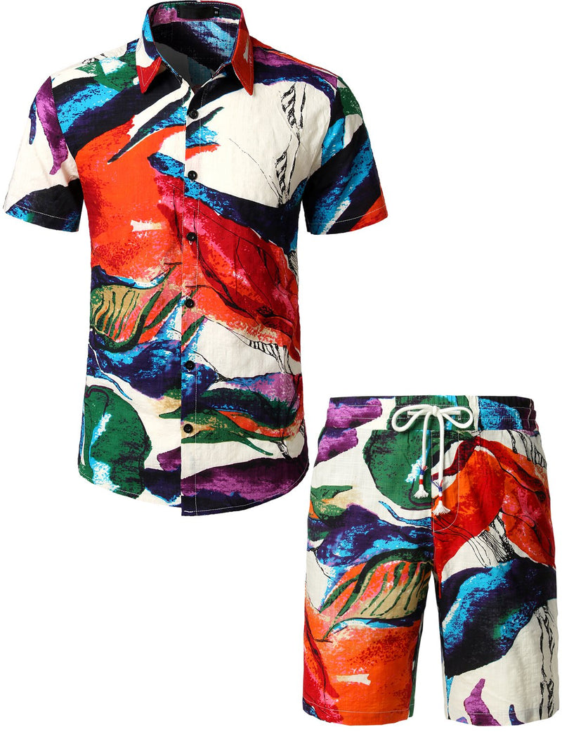 Chemises et shorts hawaïens boutonnés décontractés à fleurs pour hommes