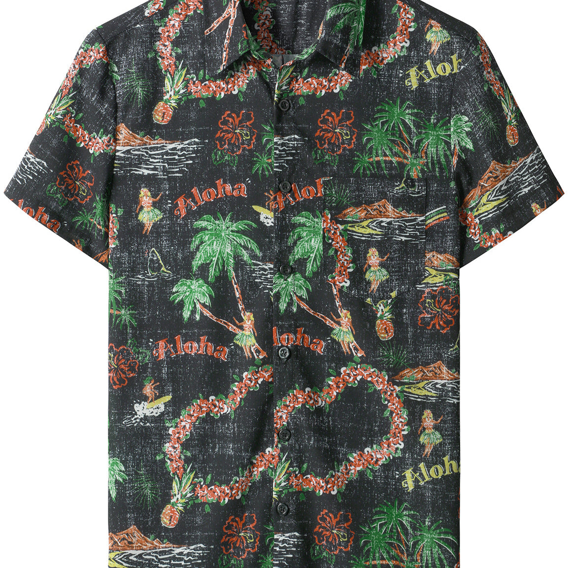 Chemise hawaïenne noire à manches courtes pour homme avec imprimé Aloha vintage