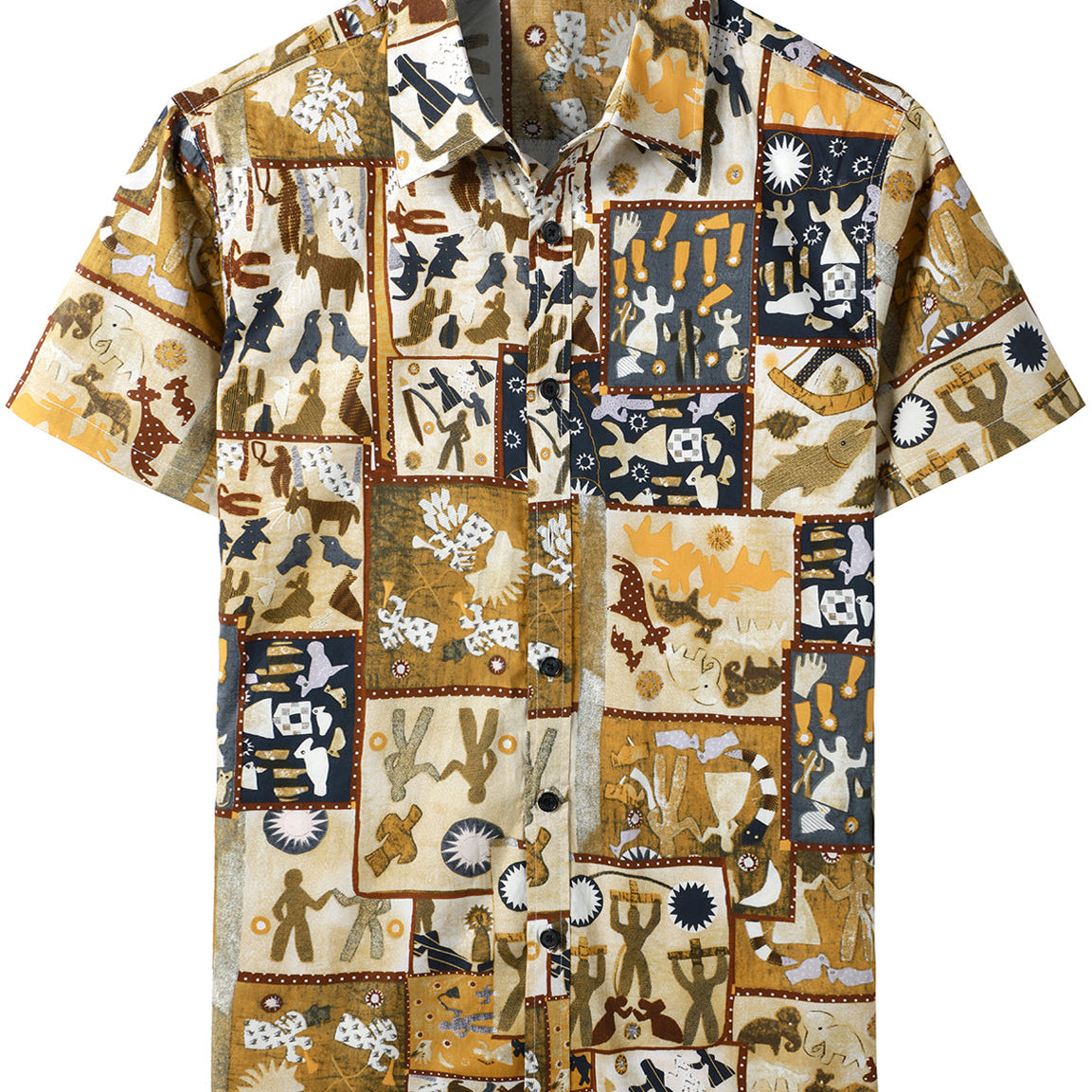 Chemise d'été marron bohème à manches courtes en coton rétro à imprimé tribal pour homme