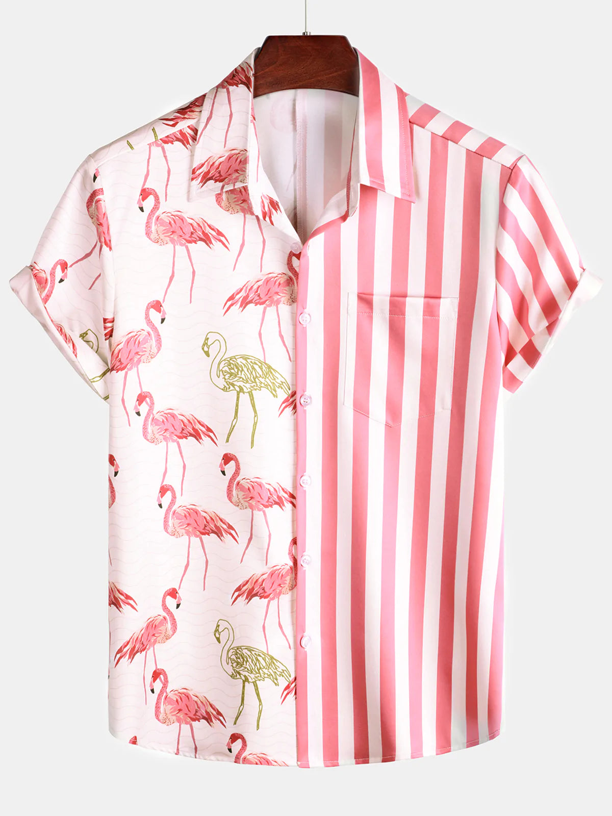 Chemise de camp de croisière de plage à manches courtes avec poche à imprimé animal flamant rose pour homme