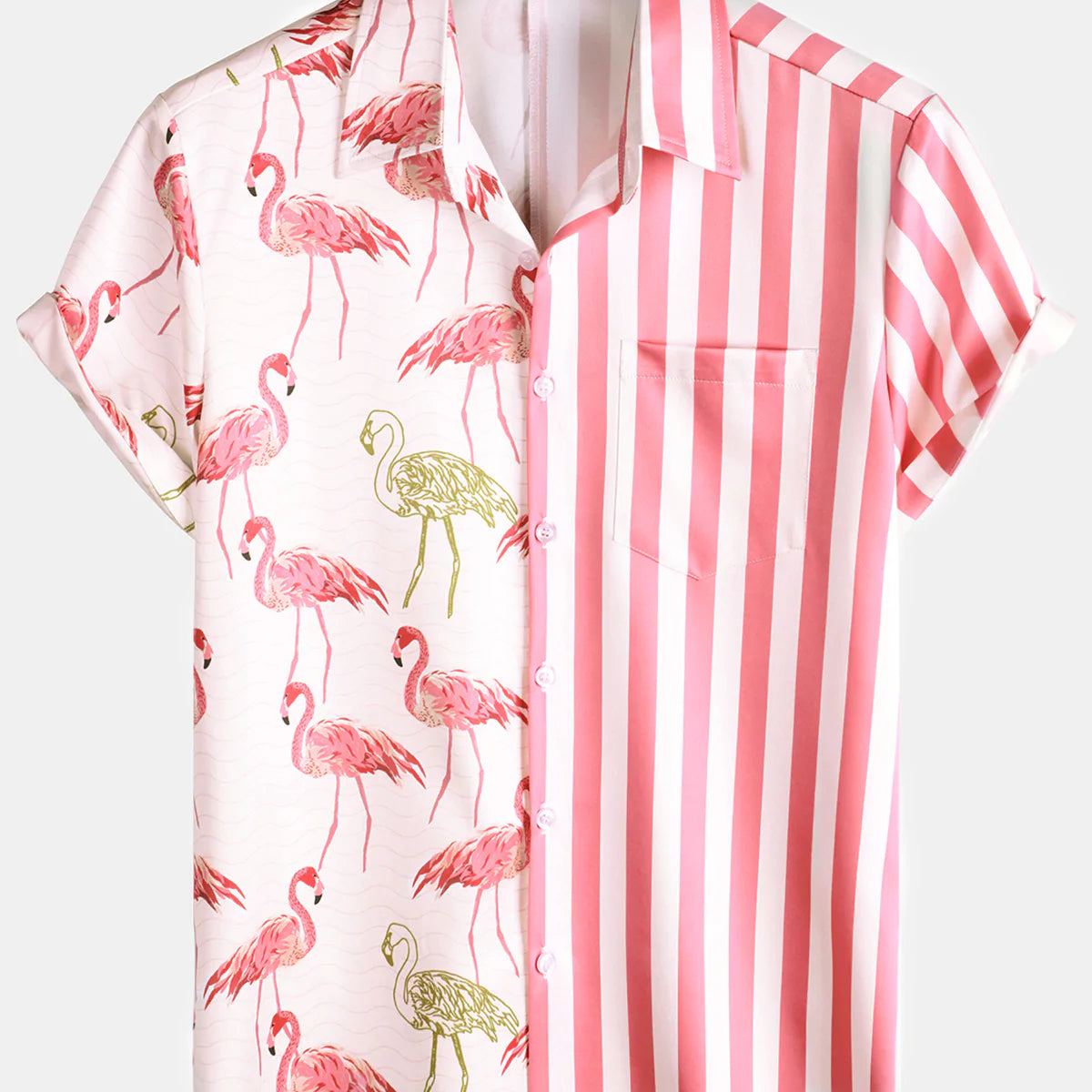 Chemise de camp de croisière de plage à manches courtes avec poche à imprimé animal flamant rose pour homme