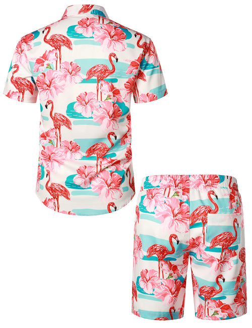 Ensemble chemise et short hawaïen à imprimé flamant rose pour homme