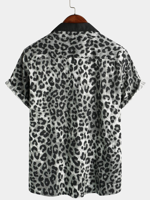 Homme Leopard Print Boling Casual Button Up Short Sleeve Hawaiian Summer Shirt