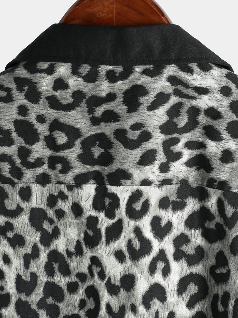 Homme Leopard Print Boling Casual Button Up Short Sleeve Hawaiian Summer Shirt