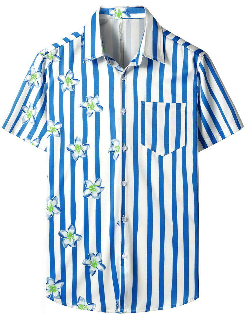 Chemise hawaïenne à manches courtes Aloha à imprimé floral bleu et blanc à rayures pour hommes