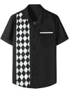 Chemise à manches courtes à carreaux noirs et blancs à carreaux Argyle des années 50 style rockabilly pour homme
