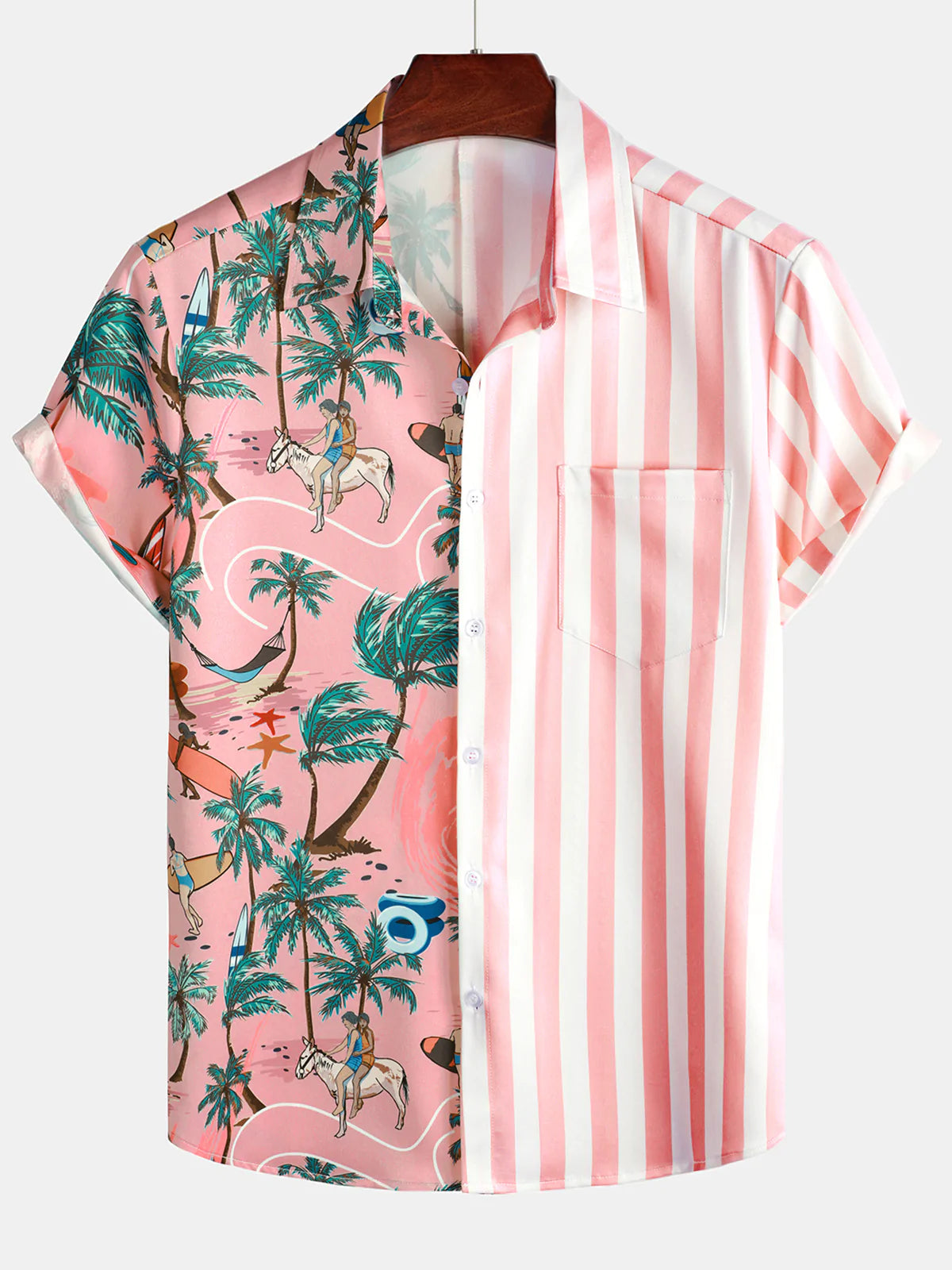 Chemise hawaïenne à manches courtes Aloha à imprimé palmier rose et blanc pour homme