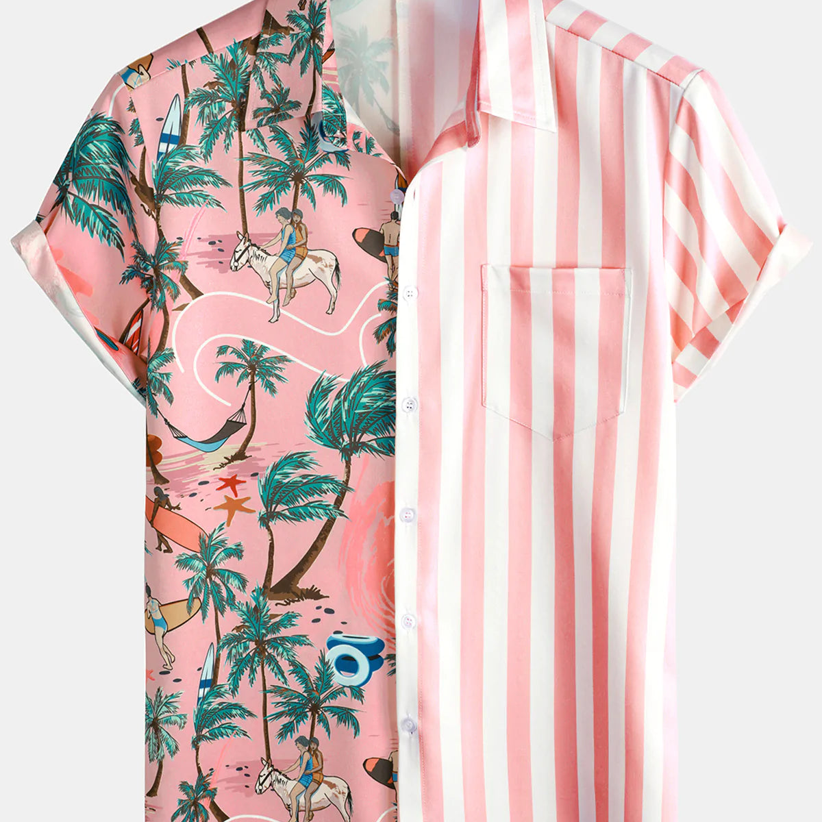 Chemise hawaïenne à manches courtes Aloha à imprimé palmier rose et blanc pour homme