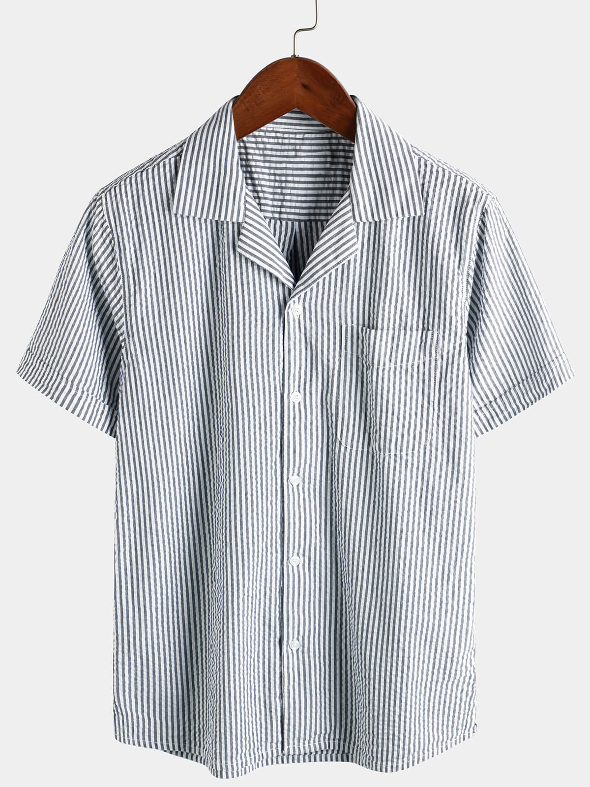 Chemise de plage à manches courtes en coton rayé pour hommes Up Summer Cuban Collar Camp Chemise de plage à manches courtes
