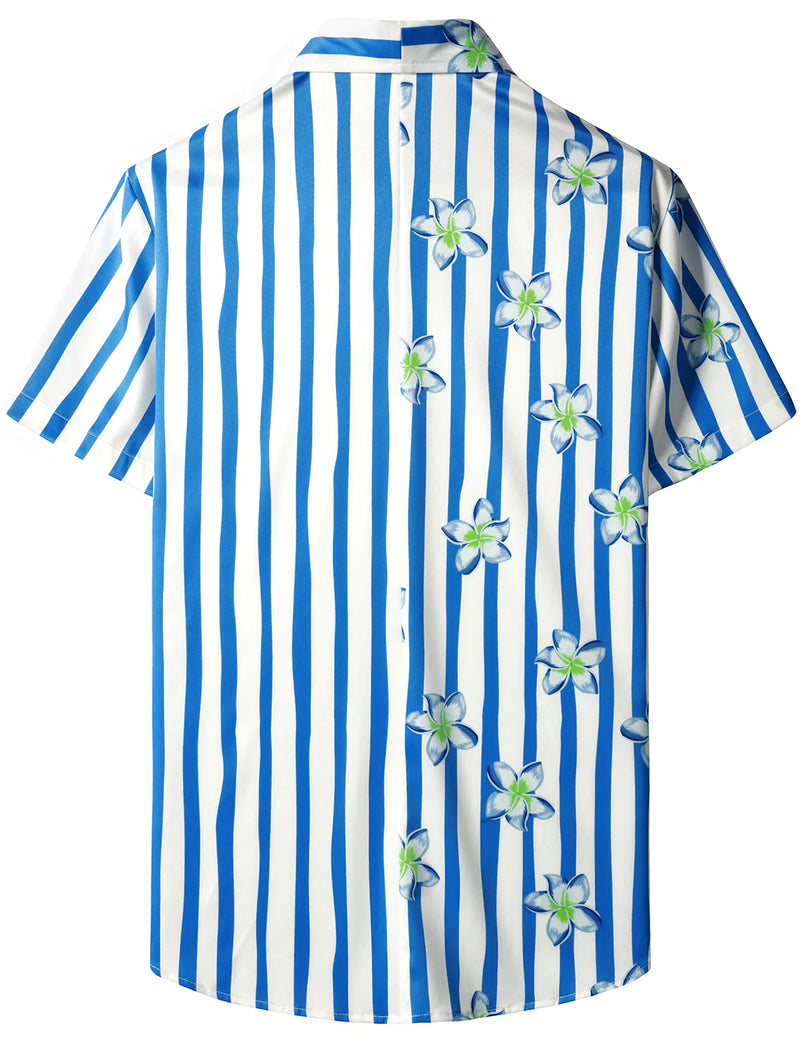 Chemise hawaïenne à manches courtes Aloha à imprimé floral bleu et blanc à rayures pour hommes