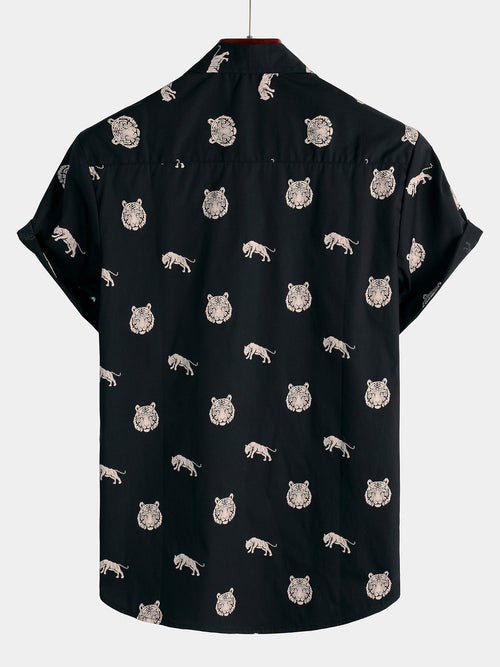 Chemise à revers à manches courtes décontractée à imprimé animal tigre pour hommes