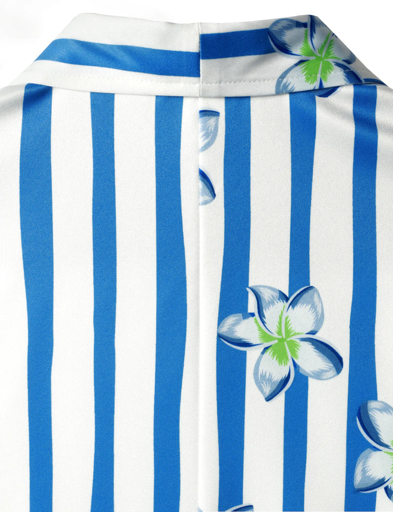 Chemise hawaïenne à manches courtes Aloha à imprimé floral bleu et blanc à rayures pour hommes