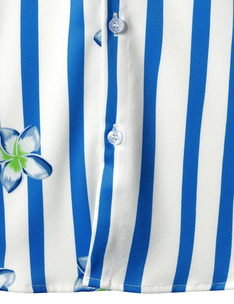 Chemise hawaïenne à manches courtes Aloha à imprimé floral bleu et blanc à rayures pour hommes