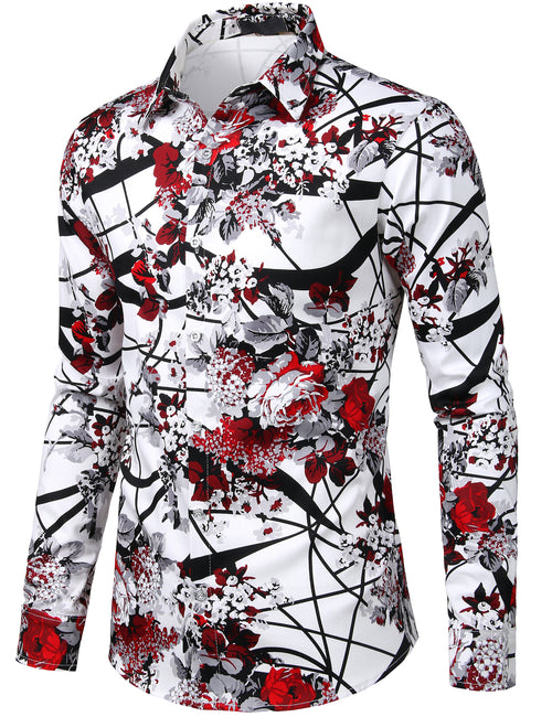 Chemise décontractée boutonnée à manches longues en coton à imprimé floral pour hommes
