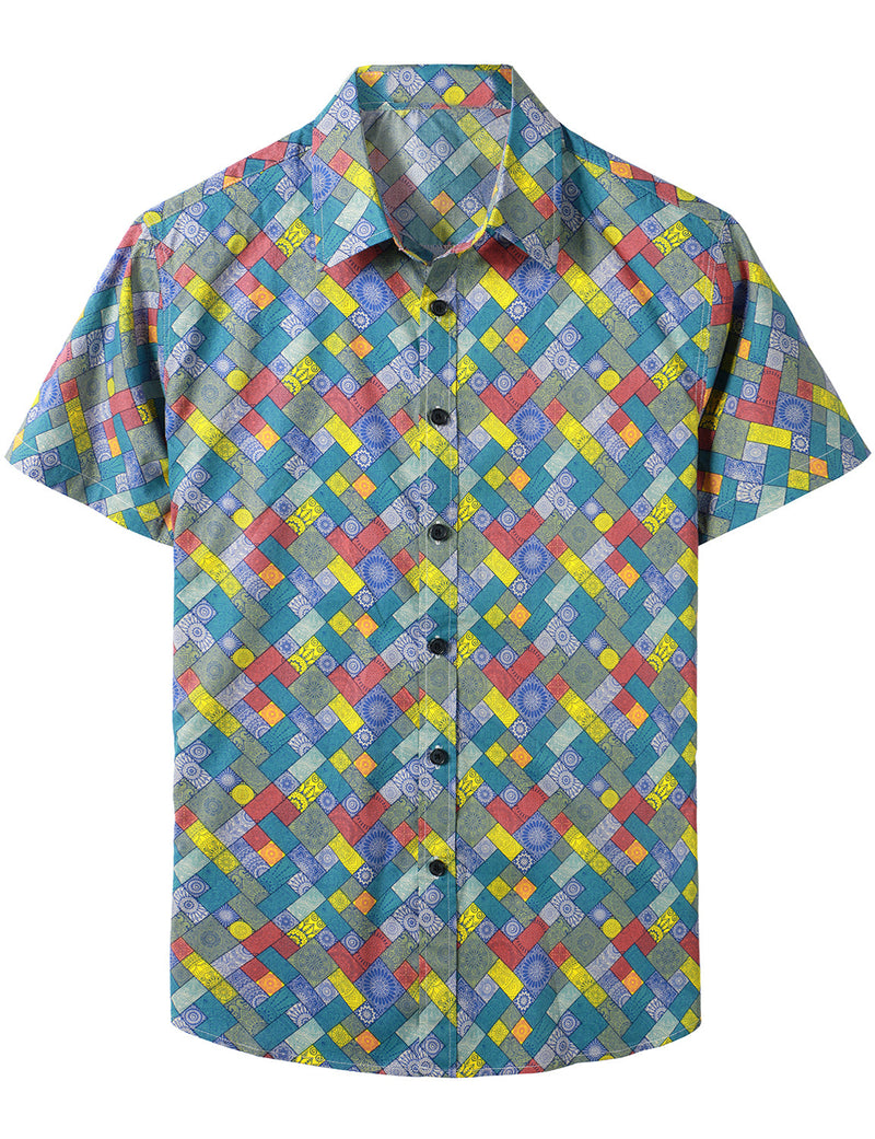 Chemise décontractée à manches courtes en coton à imprimé tribal rétro pour hommes