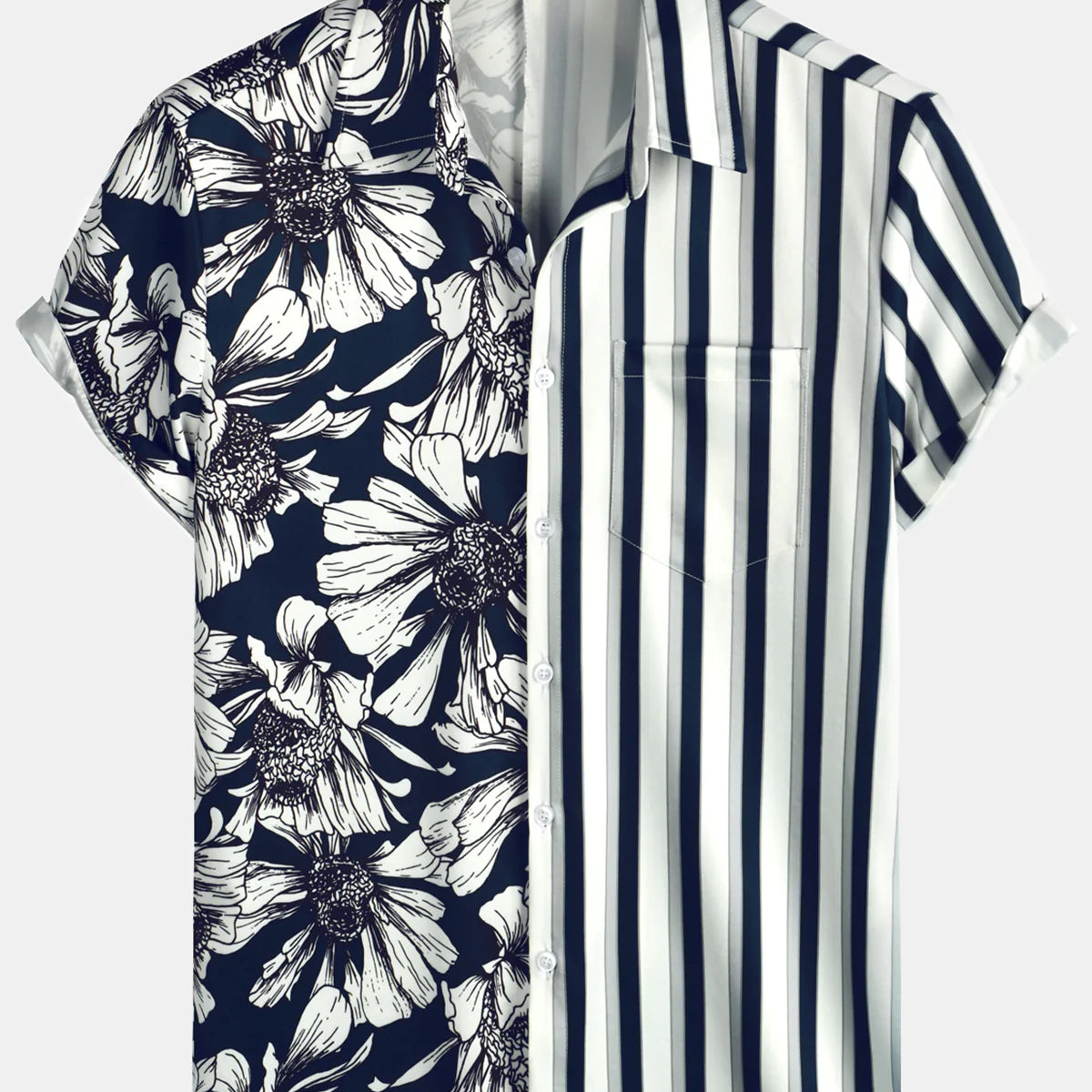 Chemise à manches courtes à fleurs avec poche à rayures verticales pour hommes bleu marine