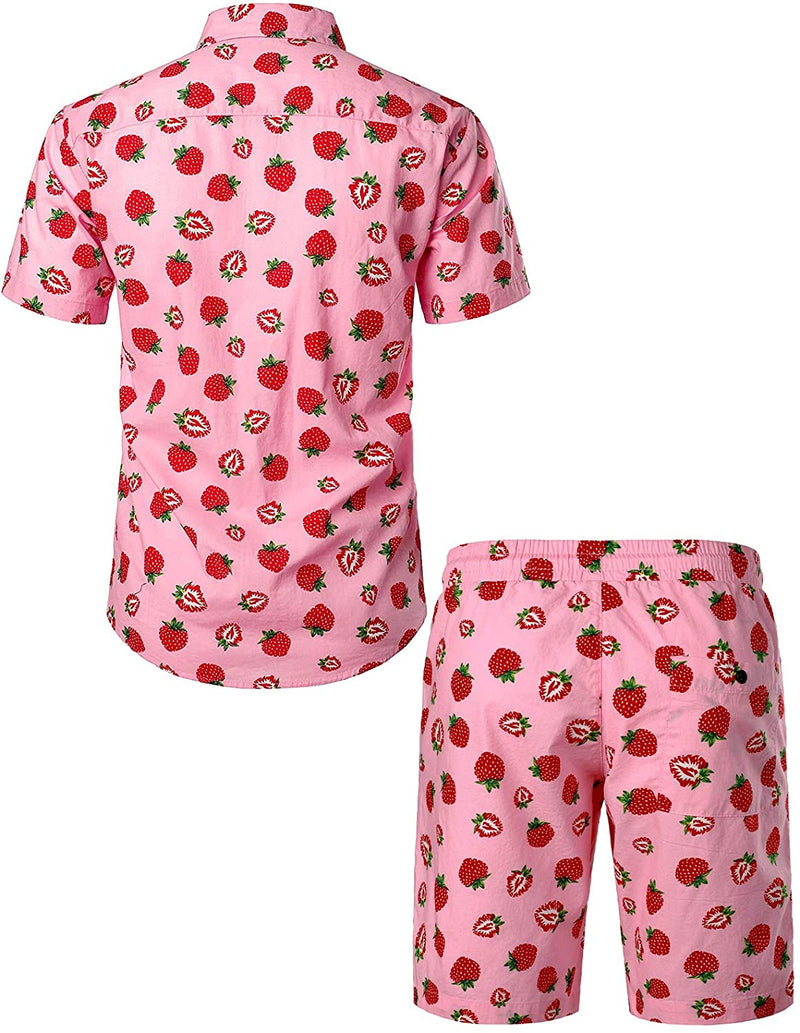 Ensemble chemise et short hawaïen en coton à imprimé fraises pour homme