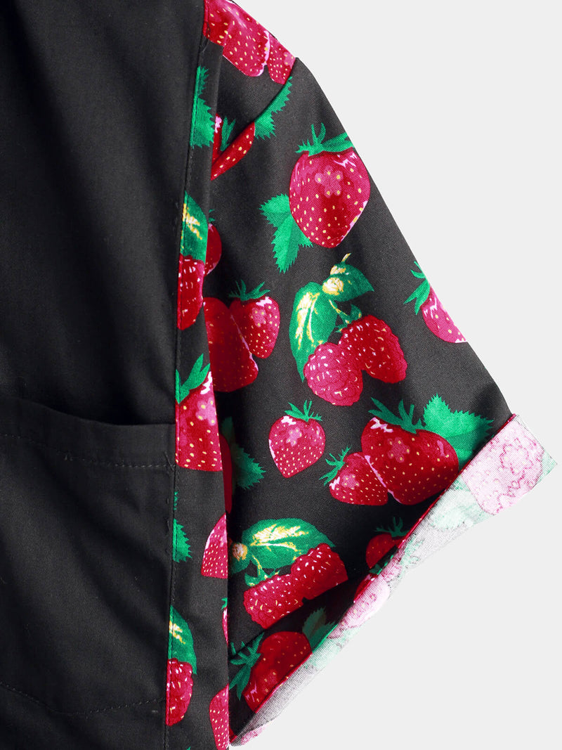 Homme Strawberry Fruit Print Boling Casual Button Up Short Sleeve Cute Hawaiian Summer Shirt