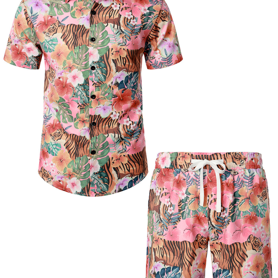 Ensemble chemise et short hawaïen imprimé tigre à fleurs pour hommes