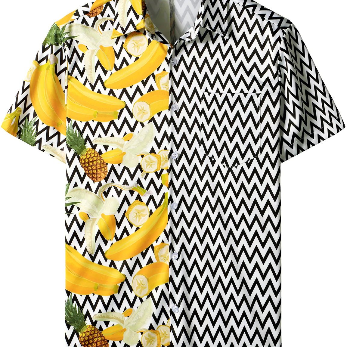 Homme banane ananas noir et blanc vague imprimé poche vacances fruits tropicaux à manches courtes été vacances plage chemise