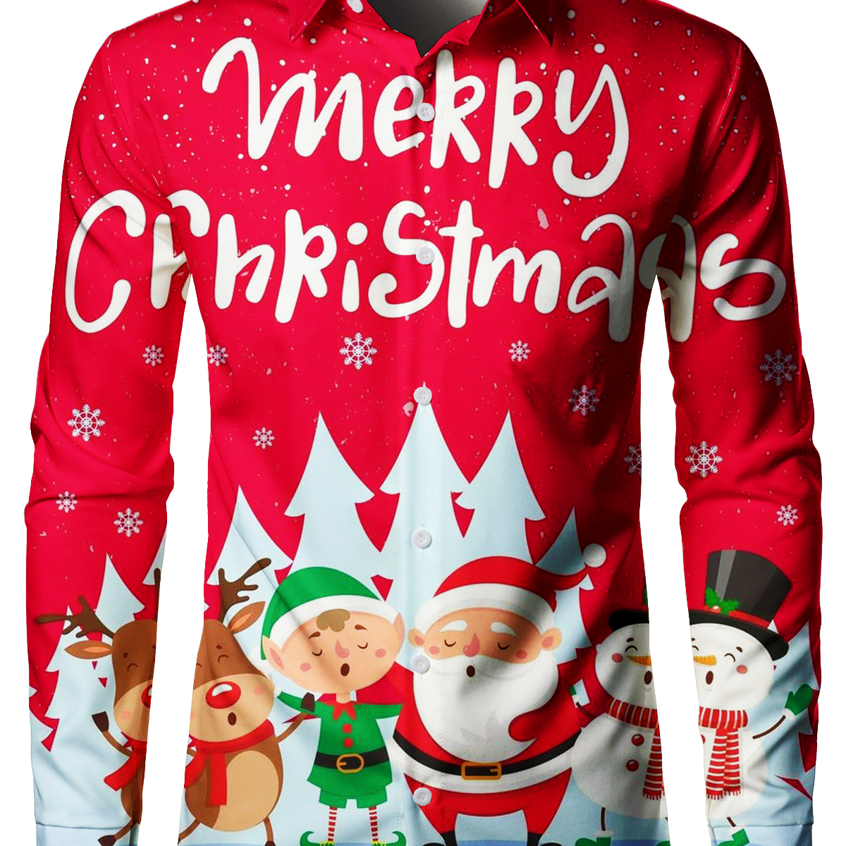Chemise à manches longues rouge pour homme joyeux Noël mignon Santa Elk renne bonhomme de neige imprimé vacances jour de Noël boutonné