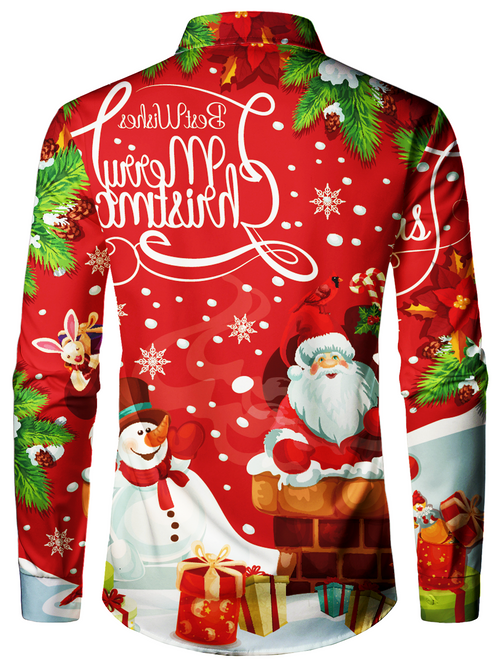 Chemise à manches longues boutonnée pour homme avec imprimé Joyeux Noël Père Noël