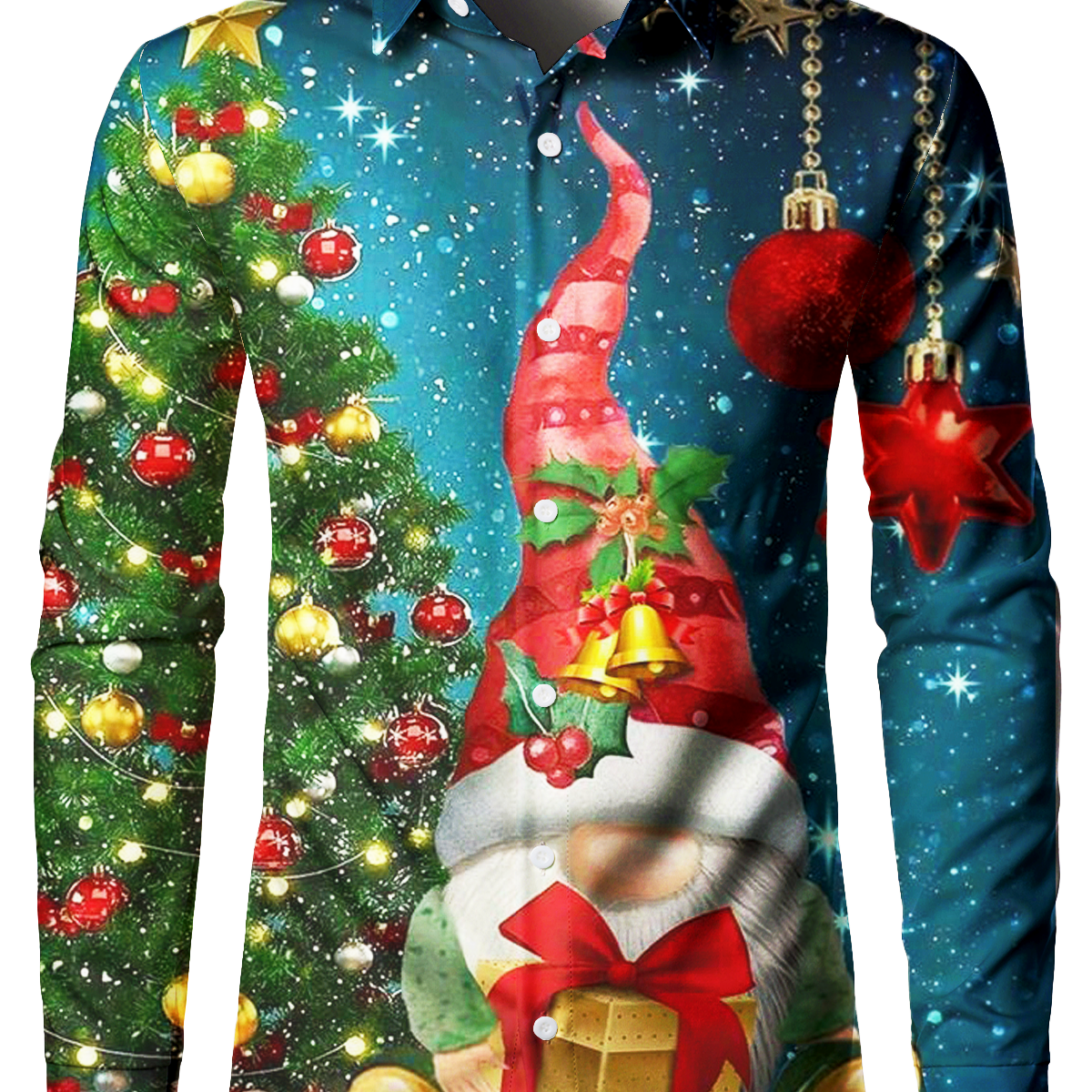 Chemise à manches longues boutonnée avec un joli gnome et un sapin de Noël pour hommes