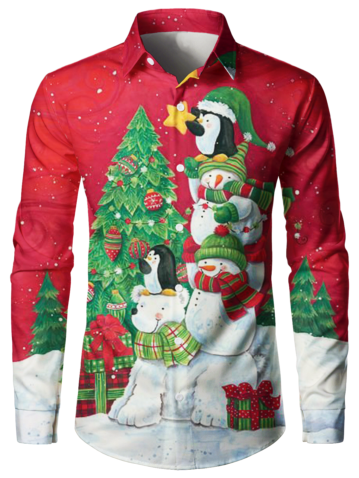 Chemise Homme Bonhomme De Neige Et Sapin De Noël Rouge Boutonnée À Manches Longues